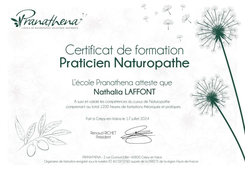 Diplôme de naturopathie de Nathalia Laffont — certification professionnelle
